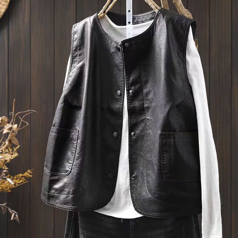 Black Pu Leather Vest for Women, Petite Size, 2025 Autumn New Style, High-End Outerwear, Layered Wear, Soft Leather Jacket