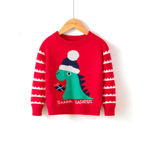 Christmas Family Sweater, Red Background Christmas Dinosaur Letter Jacquard Round Neck Long-Sleeved Knitwear