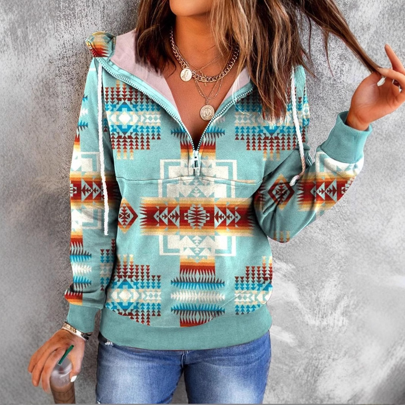 Cross-Border Hot Selling Women's Casual Fashion Round Neck Pullover Hoodie Western Ethnic Style Retro Printed Women's Top Hoodie