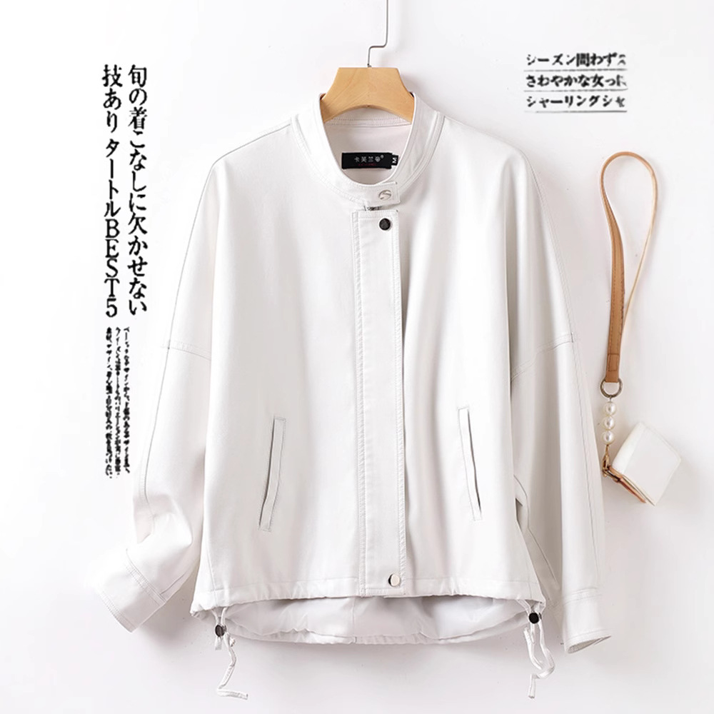 2024 Autumn New Stand Collar Leather Jacket for Women Korean Style Ladies Leather Jacket Pu Leather Coat Drawstring Melard Loose Fit