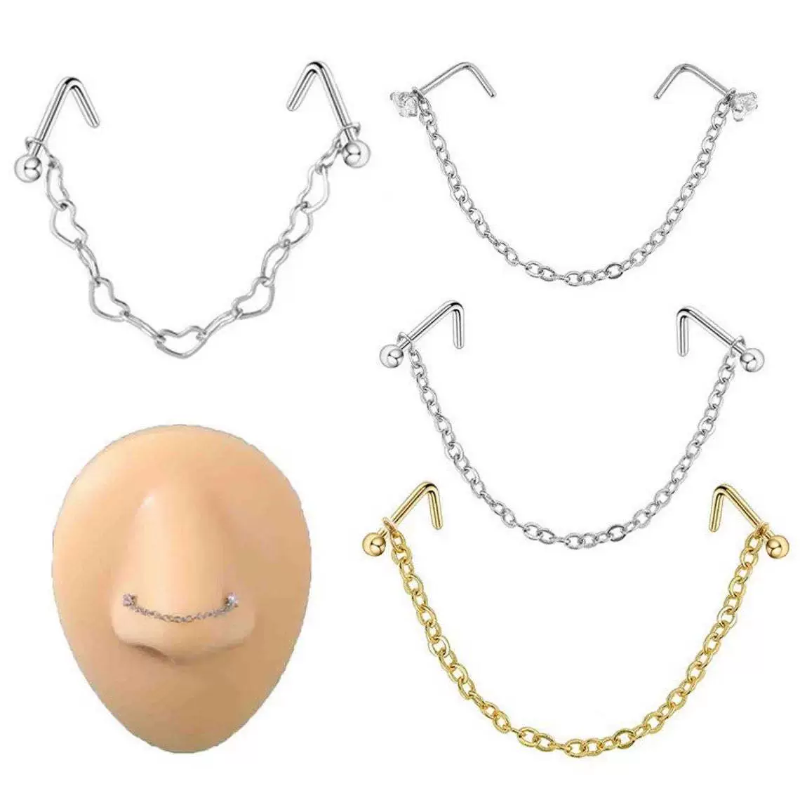 Европейские и американские мужчины и женщины нос прокол ювелирные изделия нос гвоздь ноздри цепи L-образный четыре когтя циркон нос гвоздь кольцо костюм