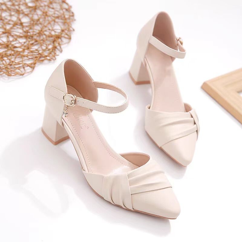 Off-Size Baotou Sandals for Women Summer 2025 New Style One-Line Thick Heel Pointed Toe High Heels Women's Wear-Resistant Elegant Shoes