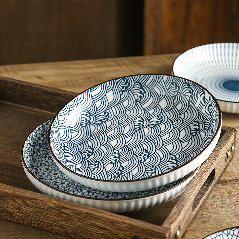 Placa cerámica hogar 7/8 pulgadas placa profunda bajo vidriado patrón vertical japonés Internet celebridad plato de arroz vajilla japonesa plato tazón