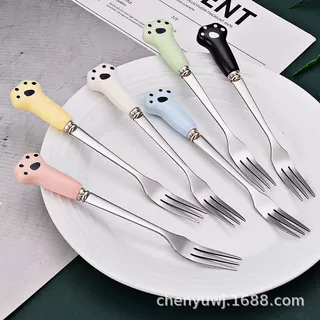 叉水果叉蛋糕叉子月饼甜品水果叉签吃水果小可爱创意不锈钢猫爪叉