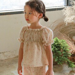 2024 Summer Strawberry Sand Korea Children's Clothing Girl's Small Floral Elastic Collar Short-Sleeve Shirt