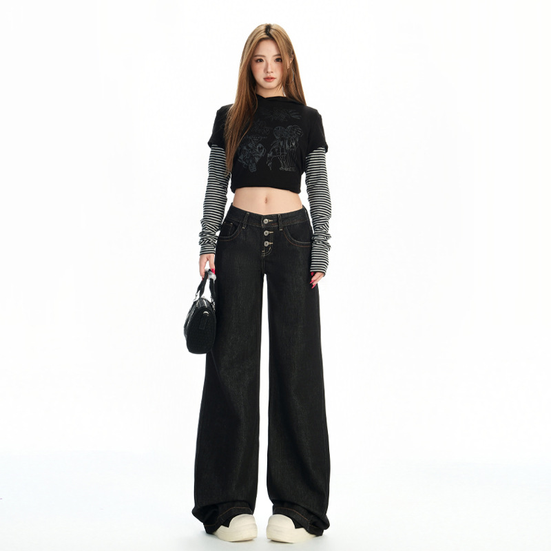 2025新款黑色低腰辣妹水洗牛仔裤女显瘦百搭垂感直筒长裤