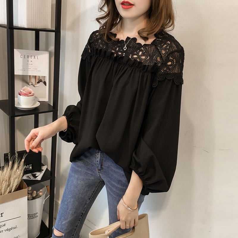 2 023 spring new Korean fashion crochet hollow lace stitching chiffon shirt women's long sleeve top base shirt tide
