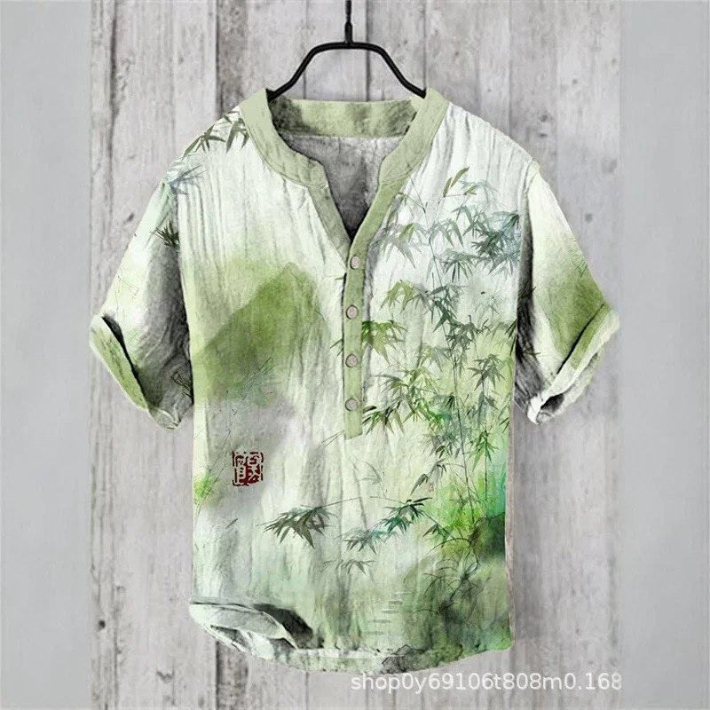 Cross-border foreign trade slub hemp 3D printing casual fashion short sleeve shirt manufacturers best selling buckle jacket a generation of hair