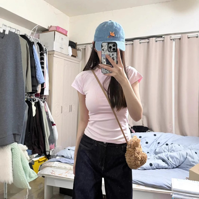 Fortune House Women's Same Style Pink Shoulder Short-Sleeved T-Shirt Women's Tight-Fit Slimming Tight Waist Spice Girls Pure Desire Base Top Women