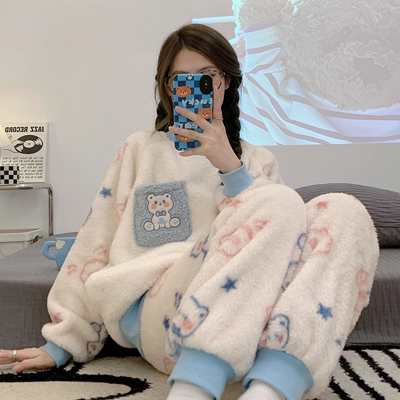 睡衣女秋冬季珊瑚绒加厚保暖韩版束口卡通可爱法兰绒家居服套装女|undefined