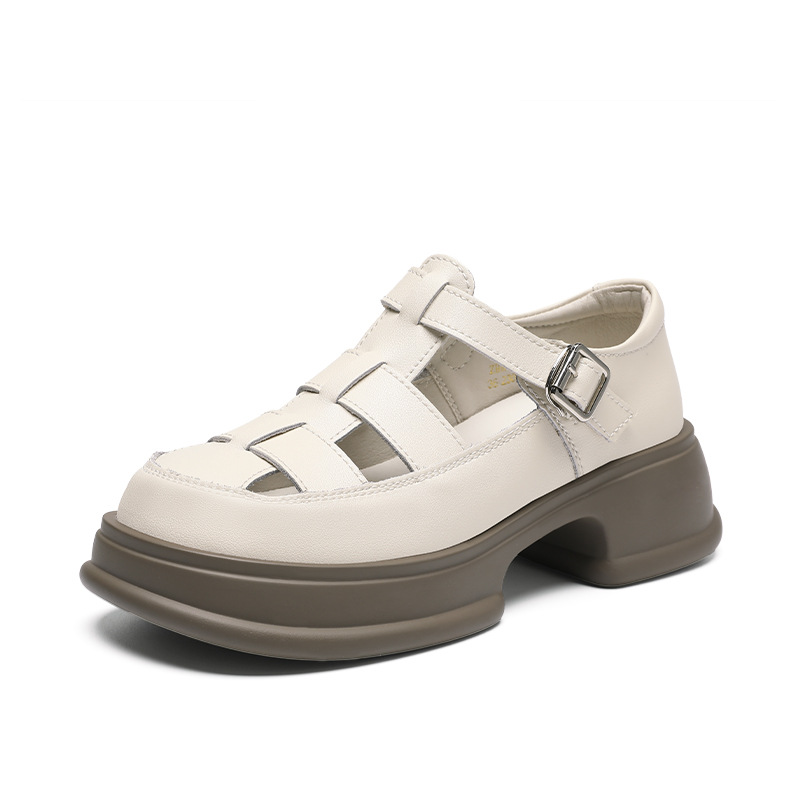 Dép sandal La Mã nữ đế dày da thật bít mũi — BK153 màu đen