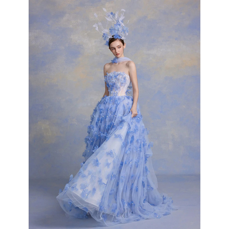 Strapless Blue Wedding Dress Evening Gown High-End New Heavy Floral Long Dress Super Fairy-Like Coming-Of-Age Ceremony Princess High-Quality Texture