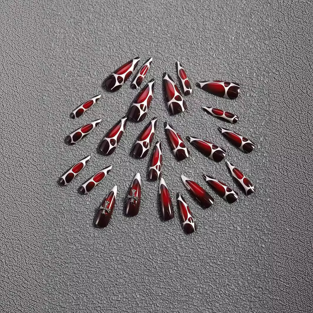 Transfronterizos largos desgaste de uñas oscuras cruz de corazón plata líneas manicuras parches de uñas falsas productos terminados al por mayor