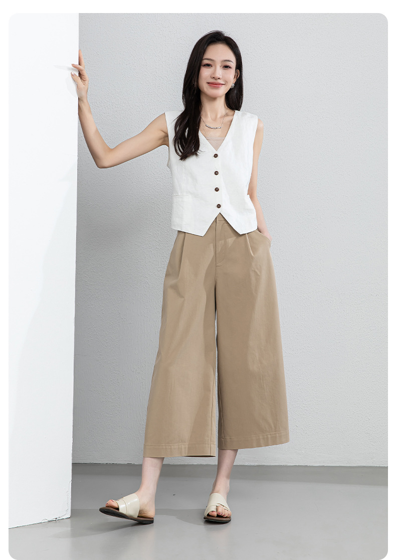 Quần culottes nữ ống rộng cạp điều chỉnh xếp ly mùa hè — màu xanh navy chi tiết 25