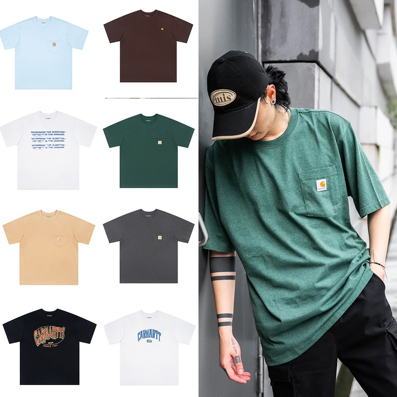 Cross-border foreign trade 2022 spring and summer card clam special new pocket logo embroidery T-shirt small red book men and women couples short sleeve Cross-border foreign trade 2022 spring and summer card clam special new pocket logo embroidery T-shirt small red book men and women couples short sleeve