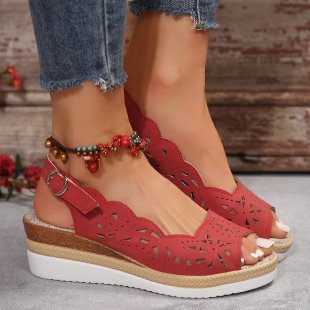 2024 New Summer Foreign Trade Ladies Wedge Sandals Cross-border Large Size Thick Bottom Wedge Peeple Sandals Belt Buckle