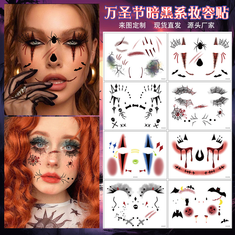 Cross-border New Halloween Makeup Face Stickers Big Mouth Scar Spider Holiday Party Temporary Tattoo Stickers