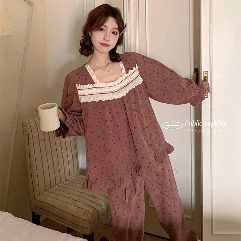 가을 새로운 한국 스타일 달콤한 레이스 스퀘어 칼라 코듀로이 코트 스타일 공주 파자마 긴 소매 바지 홈 의류