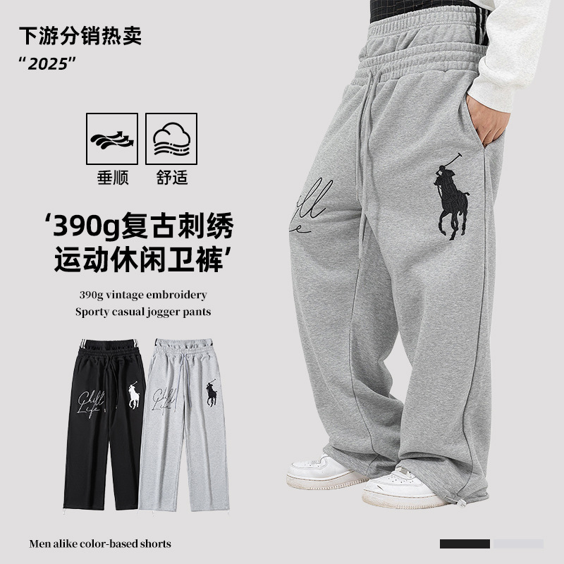 American retro style horse logo embroidered double waistband sports casual sweatpants for men and women, loose wide-leg pants, baggy jogger pants