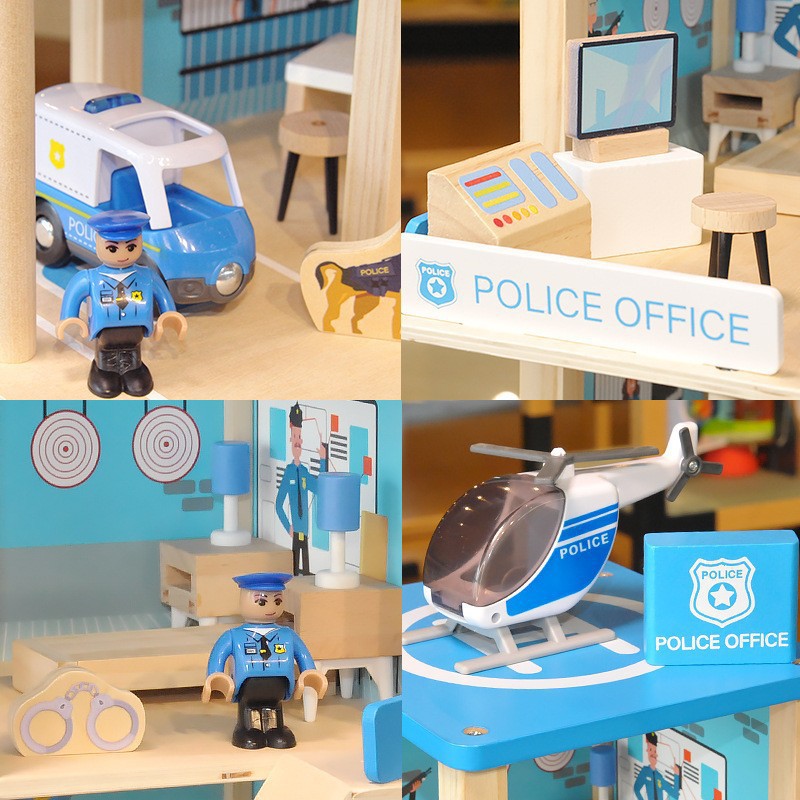 Casa de juego de simulación de madera para niños Villa sala de juguete casa de muñecas estación de bomberos estación de policía estacionamiento regalo de cumpleaños
