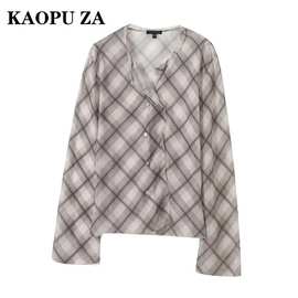 KAOPU ZA批发春季新款女装百搭格纹翻领单排扣长袖松弛半透明衬衫