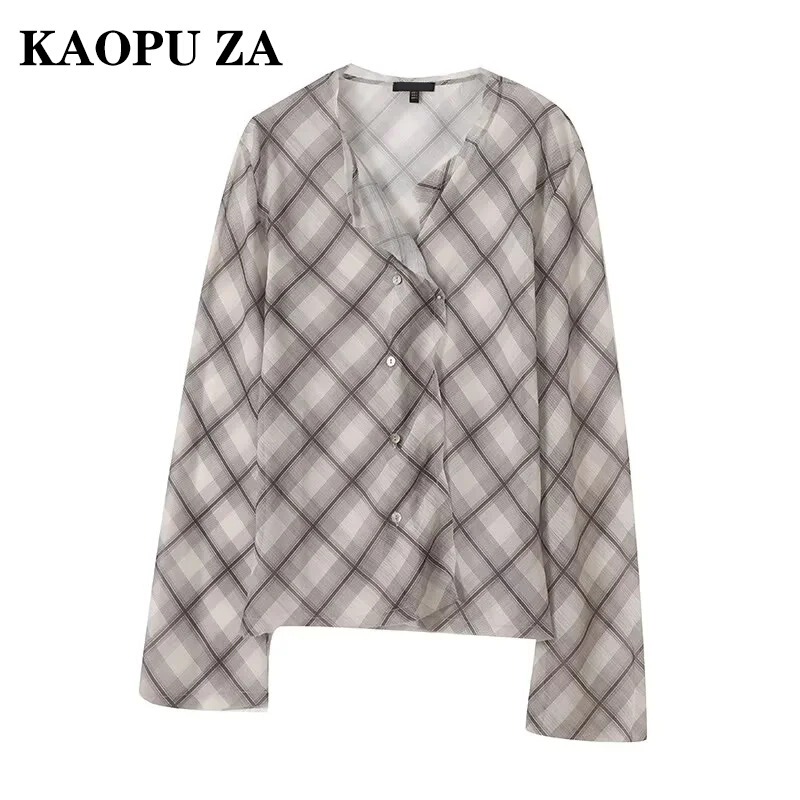 Kaopu Za Wholesale Spring New Women's Versatile Plaid Lapel Single-Breasted Long-Sleeved Relaxed Translucent Shirt