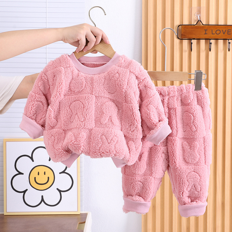 Niños y niñas 2023 nuevo forro polar grueso jacquard cuello redondo pijamas traje de manga larga bebé cálido hogar desgaste conjunto de dos piezas
