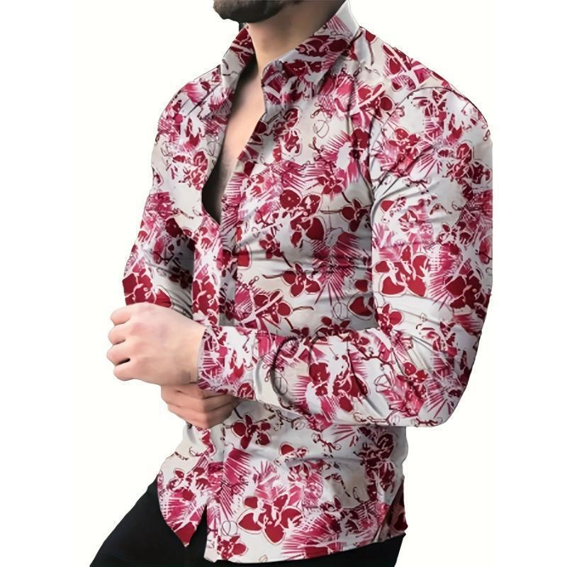 亚马孙新款男士花卉纽扣长袖夏威夷衬衫跨境独立站花卉印花热带海|undefined