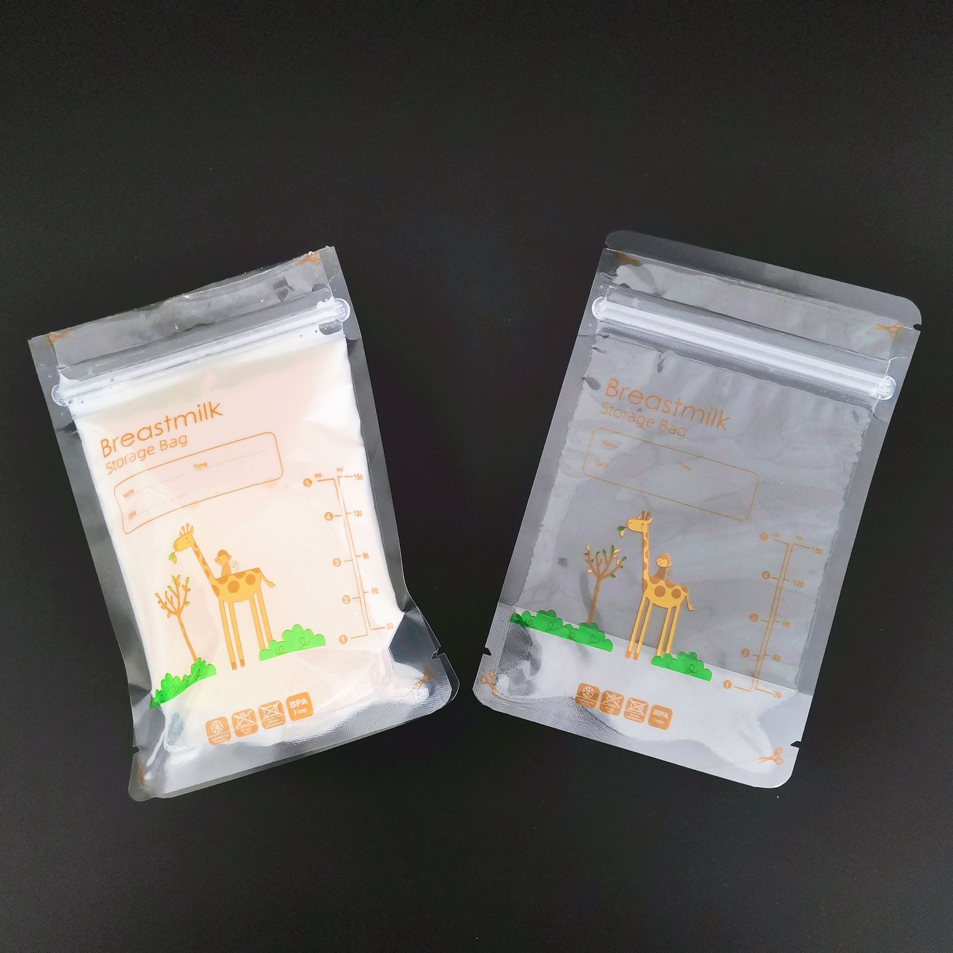 全英文150ml直立款母乳袋现货速发 跨境外贸5oz卡通储奶袋30片/包
