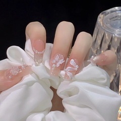 手工穿戴甲甲片批發中長款冰透蝴蝶山茶花美甲成品穿戴式指甲貼片