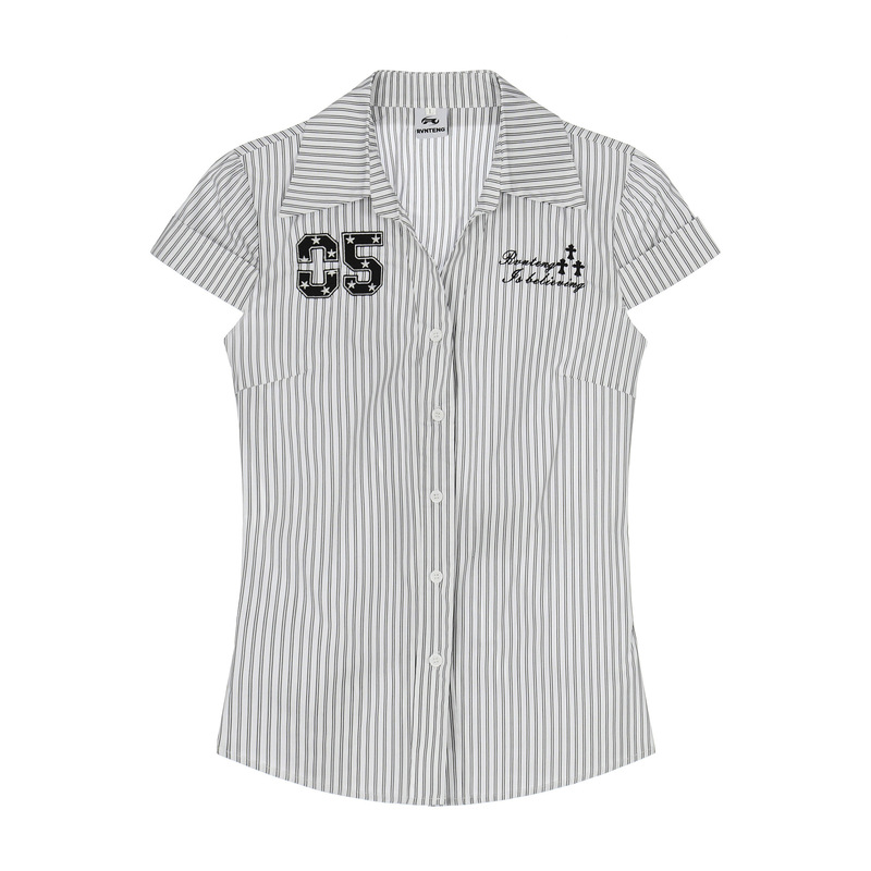 American Retro Style Fine Striped Lapel Short-Sleeved Shirt with Digital Embroidery, Slim Fit, New Spring Top for Women American Retro Style Fine Striped Lapel Short-Sleeved Shirt with Digital Embroidery, Slim Fit, New Spring Top for Women