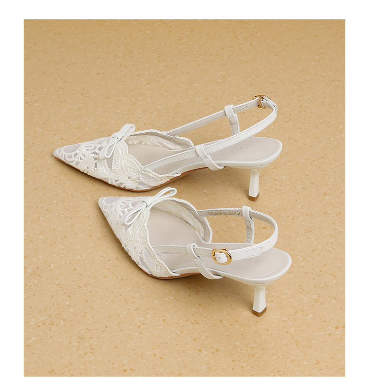Giày sandal cao gót nữ mũi nhọn hở mũi ren lưới thoáng khí phong cách Pháp — IE109 Màu be chi tiết 23