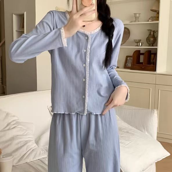 Pijamas de color sólido simples transfronterizos mujeres primavera y otoño coreano dulce rebeca casual pantalones de manga larga se pueden usar en el exterior