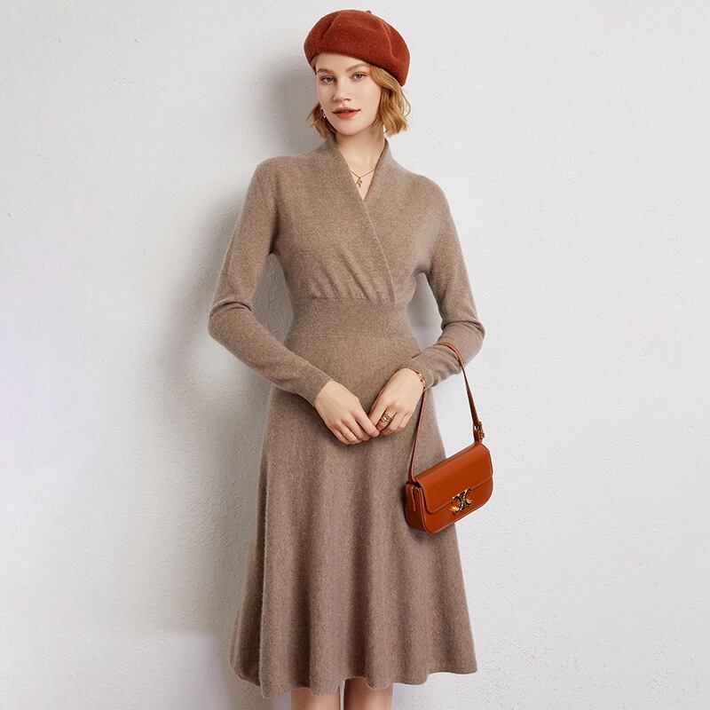 Over-the-knee V-neck cashmere dress women's mid-length slim-fit chest wrap knitted autumn and winter stitching long-sleeve cross-neck waist