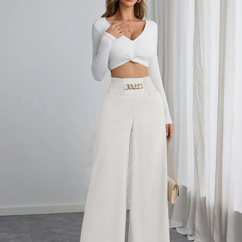 2026Wish High-Waisted Slimming Elegant Commuter Solid Color Chain Ruched Spring and Autumn Wide-Leg Pants Casual Pants for Women Cross-Border