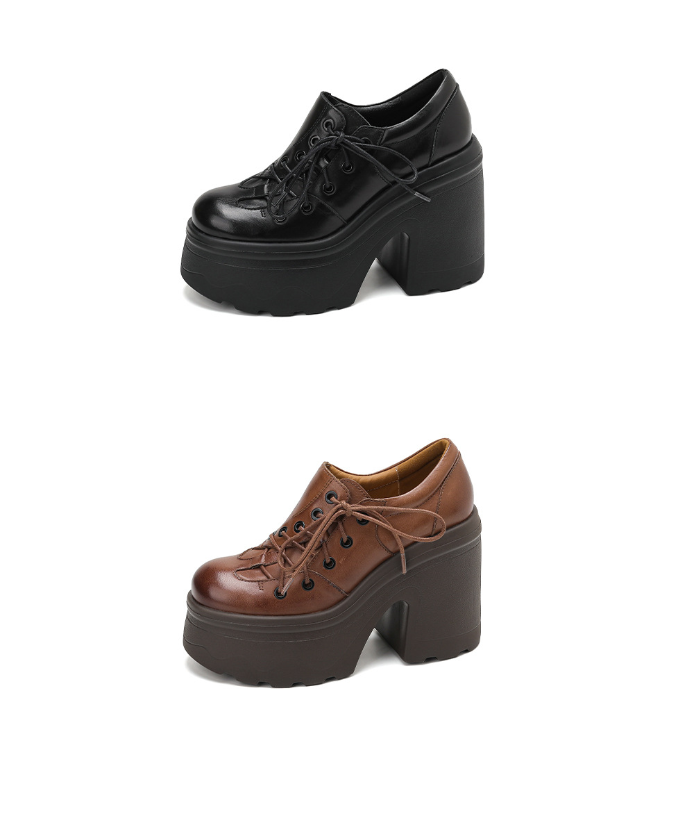 Giày cao gót nữ da thật phong cách Anh quốc cổ điển gót vuông 12 cm đế platform — màu nâu chi tiết 16