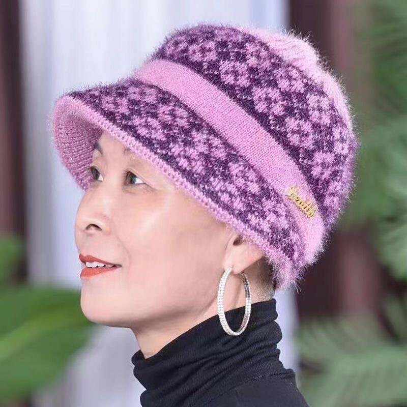 冬季时尚老人加绒奶奶加厚保暖女士针织毛线帽妈妈中老年帽子|undefined