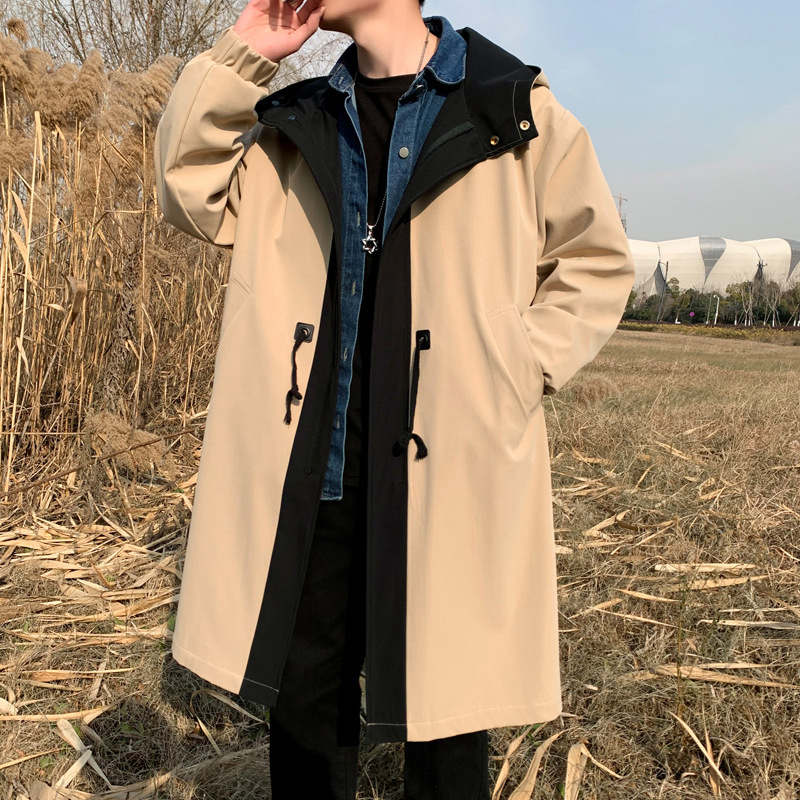 Autumn New Trenchcoat Men's Long Coat Men's Fake Two-Pike Pike Youth Men's Loose Top