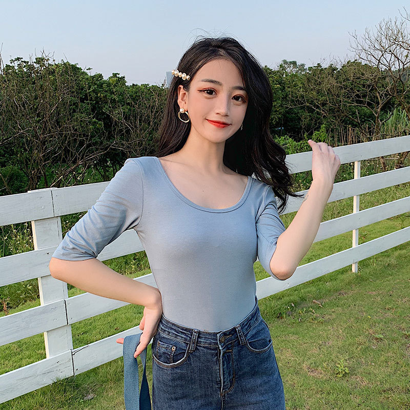 중간 소매 탑 여성용 더블 U 칼라 여성용 티셔츠 통근 2021 새로운 여성 의류 한 세대의 흰색 티셔츠 여성용 412
