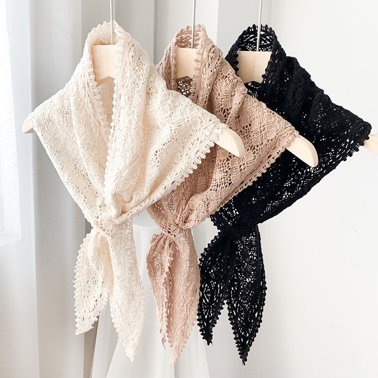 레이스 할로우 트라이앵글 스카프 여성 봄과 가을 한국 스타일 올 매치 모리 스타일 작은 실크 스카프 티셔츠 셔츠 장식 스카프