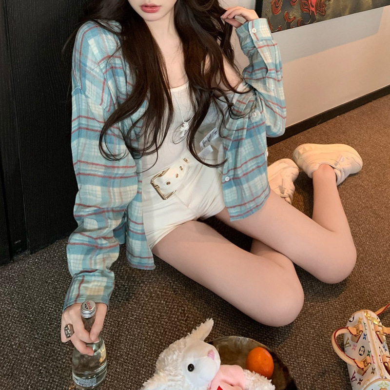 R0 Plaid Tone Practical Portable Soft Waxy Multi-wear Loose Plaid Long-sleeved Shirt Blue Plaid