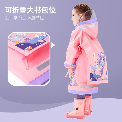 Children's raincoat for girls, primary school students, 2024 new model with school bag, big children's poncho, full body waterproof