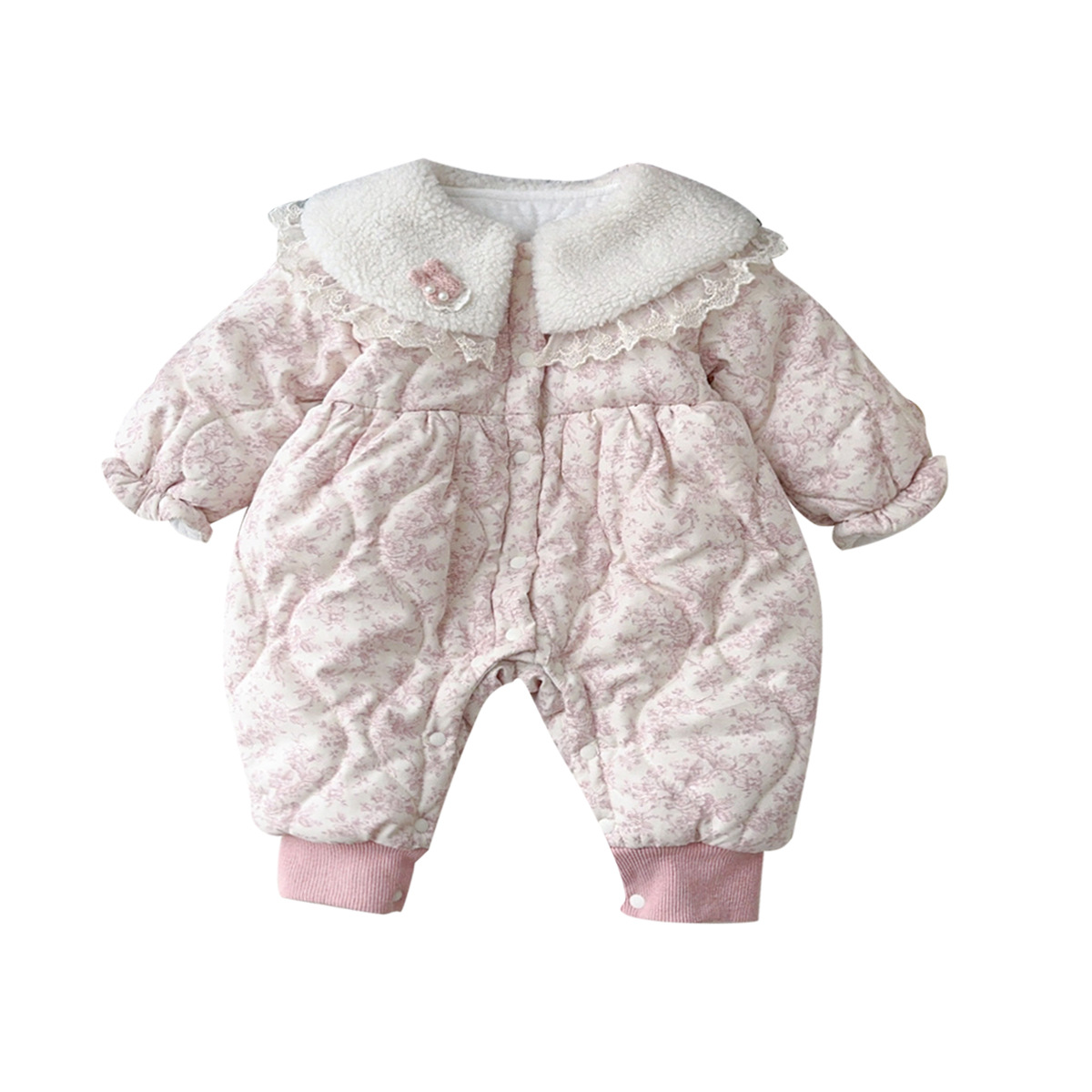 Otoño e invierno lindo y dulce bebé bebé bebé bebé cuello de bebé mamut chaqueta acolchada de algodón pequeña niña floral mono acolchado ropa exterior