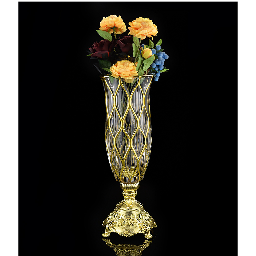 水滴花高脚描金果盘 欧式轻奢五金底座装饰摆件 描金玻璃制品特价