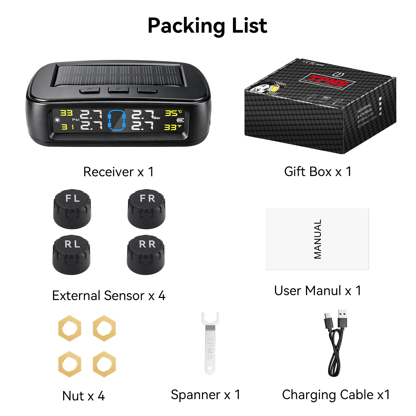 Woliip Solar Tpms Car Tire Pressure Monitoring System Wireless Sensor High-Precision Digital Display