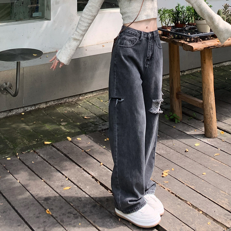 烟灰色破洞牛仔裤女高腰直筒春秋新款高腰百搭宽松显瘦阔腿裤子潮|undefined