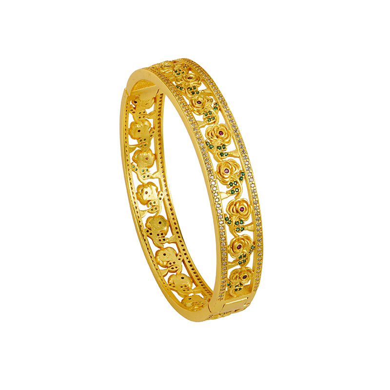 Brazalete de flores de oro hueco de Vietnam, brazalete de hebilla de hebilla de flores para niños populares, lujo ligero, joyería de cobre al por mayor.