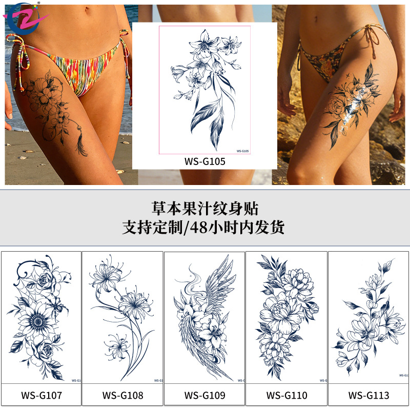 Summer Seaside Photography Stickers Herbal Juice Tattoo Stickers Flower Thigh Sexy Long-Lasting Waterproof and Sweat-Proof Tattoo