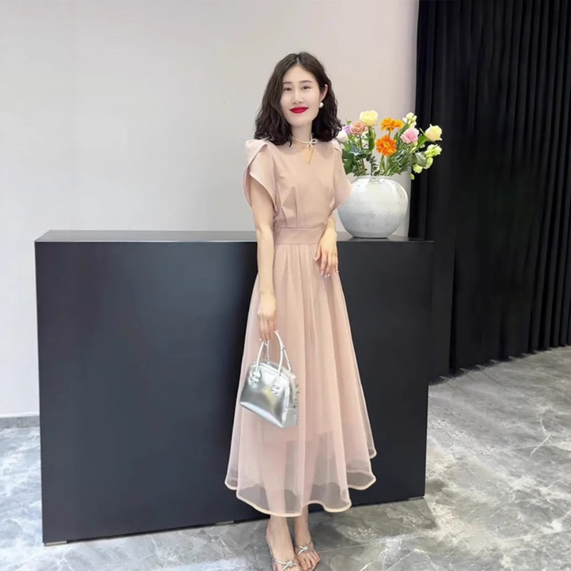 2025 New Summer Style Light Luxury and High-End Long Skirt Elegant Lady Light Pink Short-Sleeved Chiffon Dress Women's Clothing