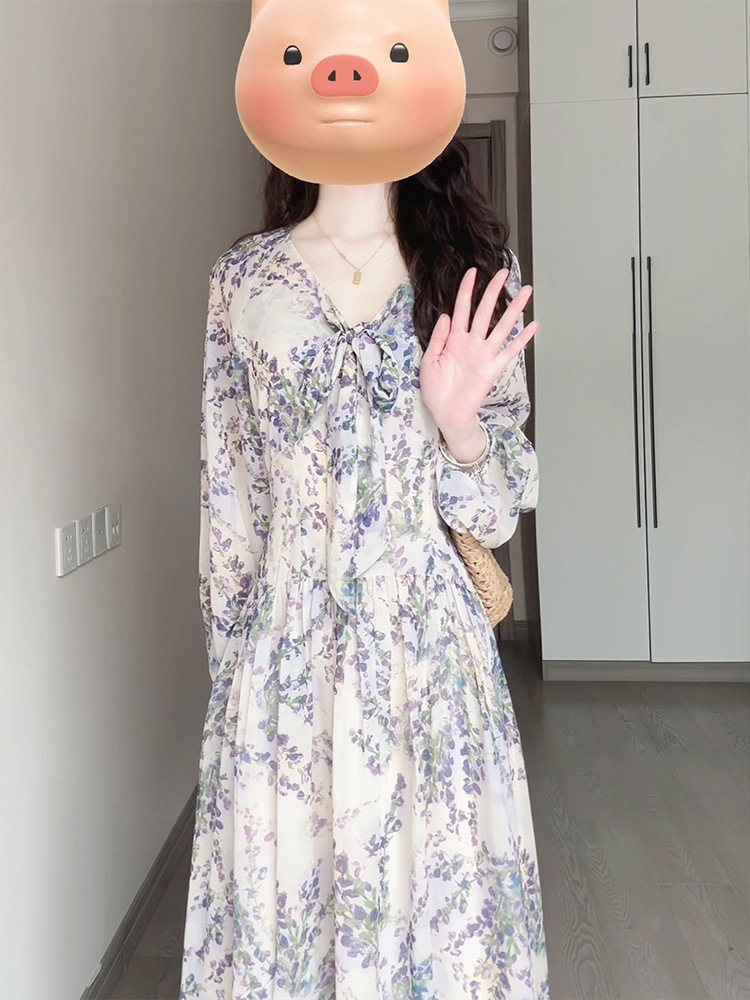 Đầm maxi nữ thắt eo voan hoa Pháp tay dài — Tím